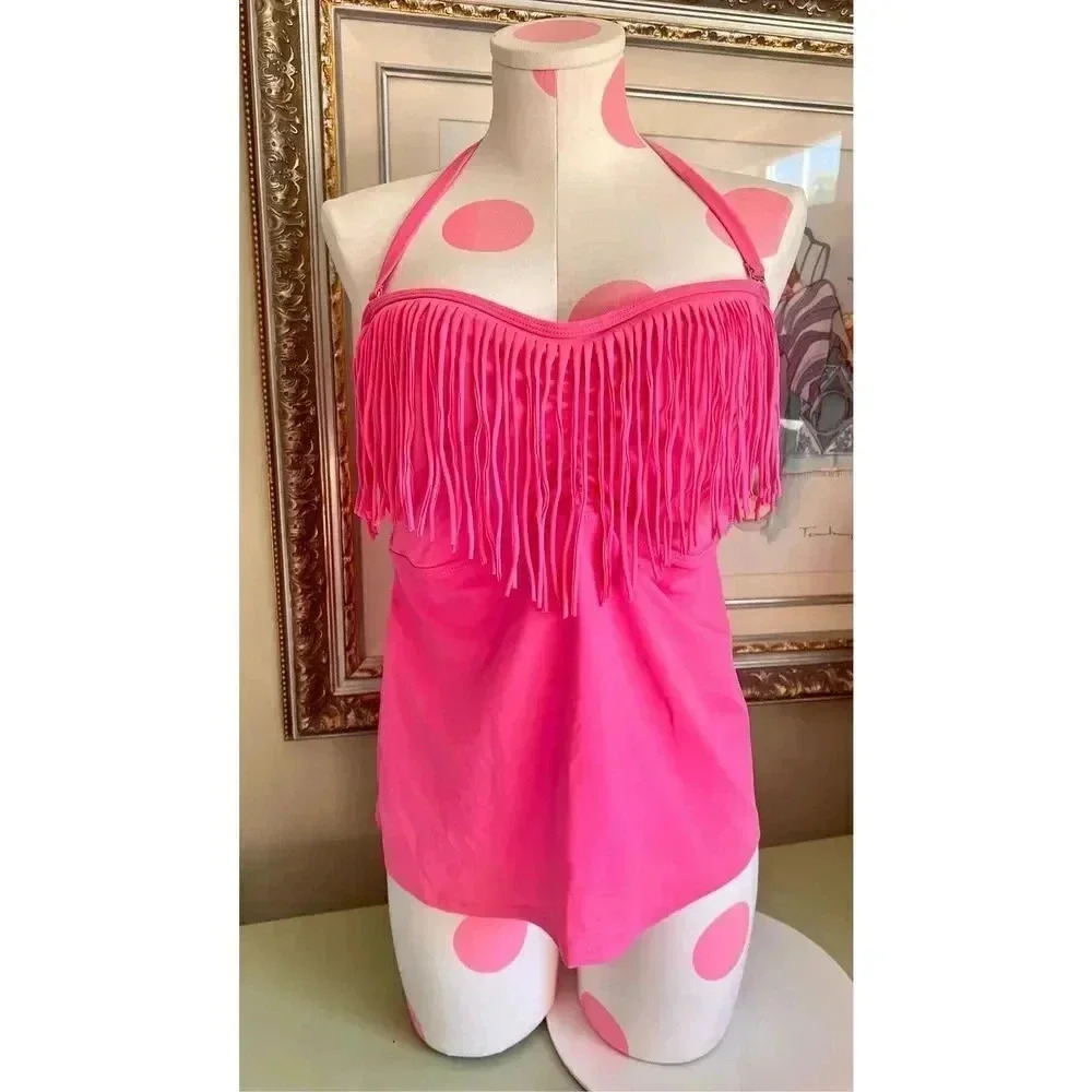 Vintage Joe Boxer Women’s 1X Plus Pink Fringe Sleeveless swimsuit tankini top We